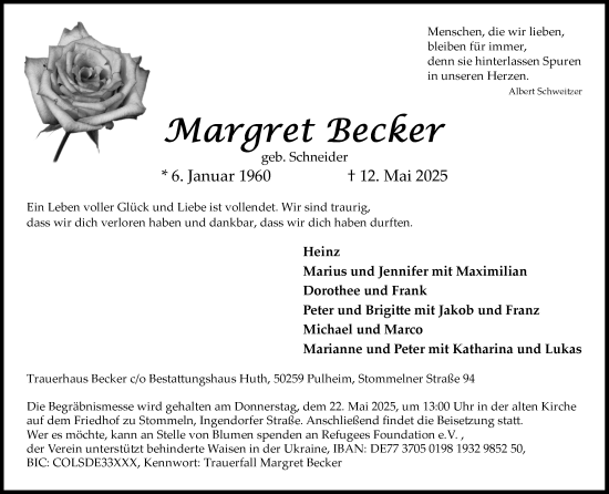 Anzeige von Margret Becker von Kölner Stadt-Anzeiger / Kölnische Rundschau / Express