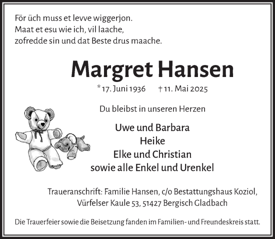 Anzeige von Margret Hansen von  Bergisches Handelsblatt 
