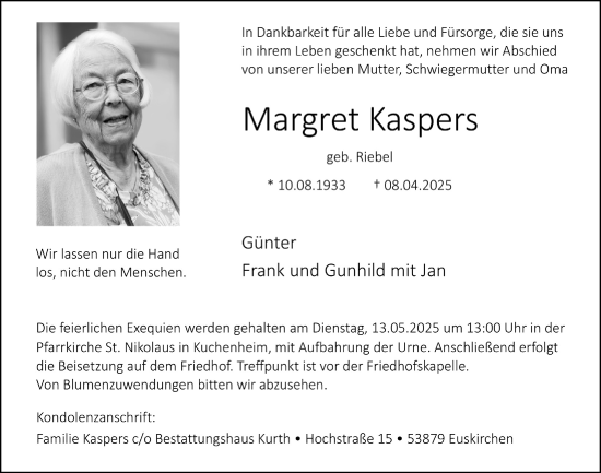 Anzeige von Margret Kaspers von  Blickpunkt Euskirchen 