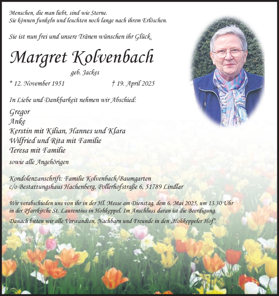 Anzeige von Margret Kolvenbach von Kölner Stadt-Anzeiger / Kölnische Rundschau / Express