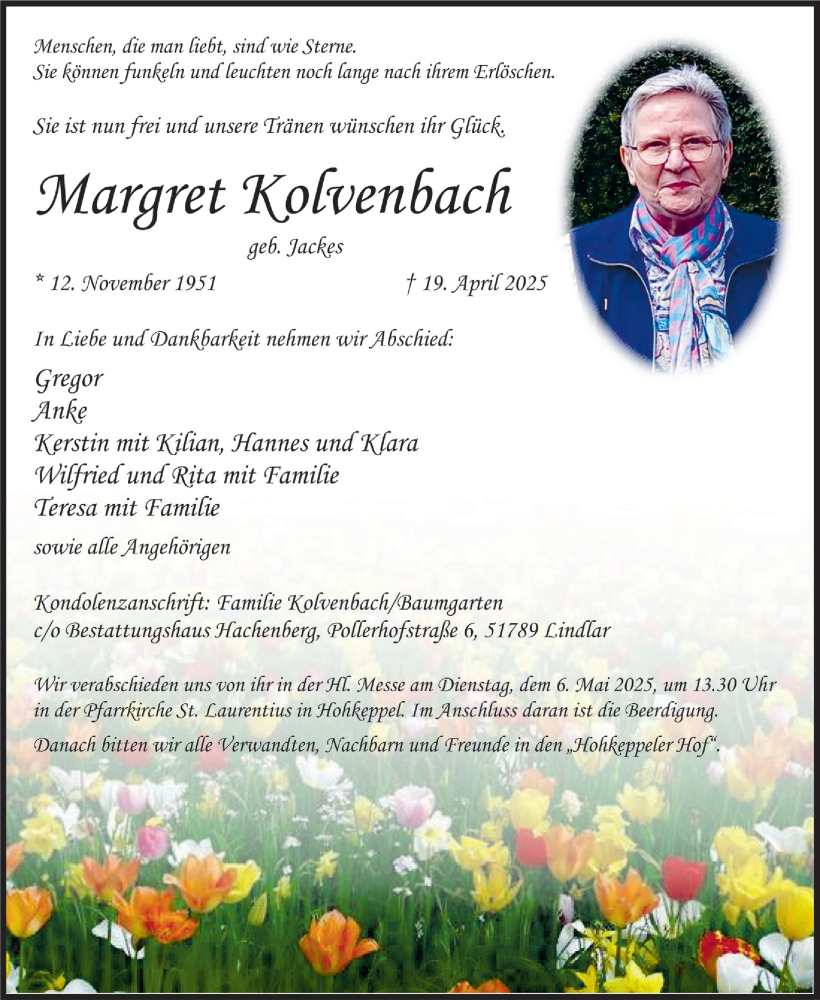  Traueranzeige für Margret Kolvenbach vom 02.05.2025 aus  Bergisches Handelsblatt 