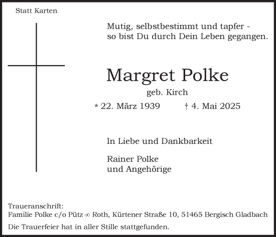 Anzeige von Margret Polke von  Bergisches Handelsblatt 