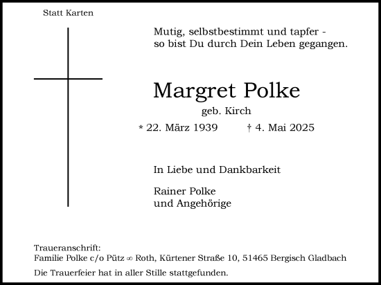 Anzeige von Margret Polke von Kölner Stadt-Anzeiger / Kölnische Rundschau / Express