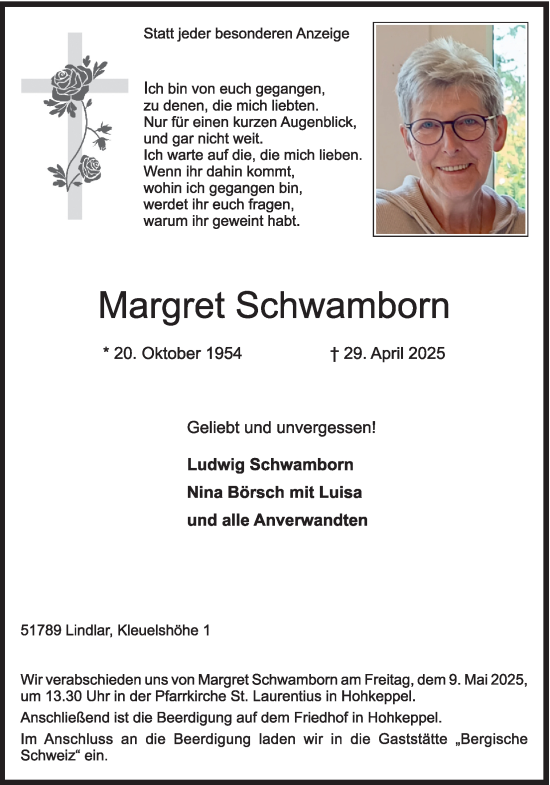 Anzeige von Margret Schwamborn von Kölner Stadt-Anzeiger / Kölnische Rundschau / Express