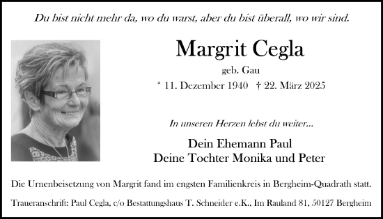 Anzeige von Margrit Cegla von  Werbepost 