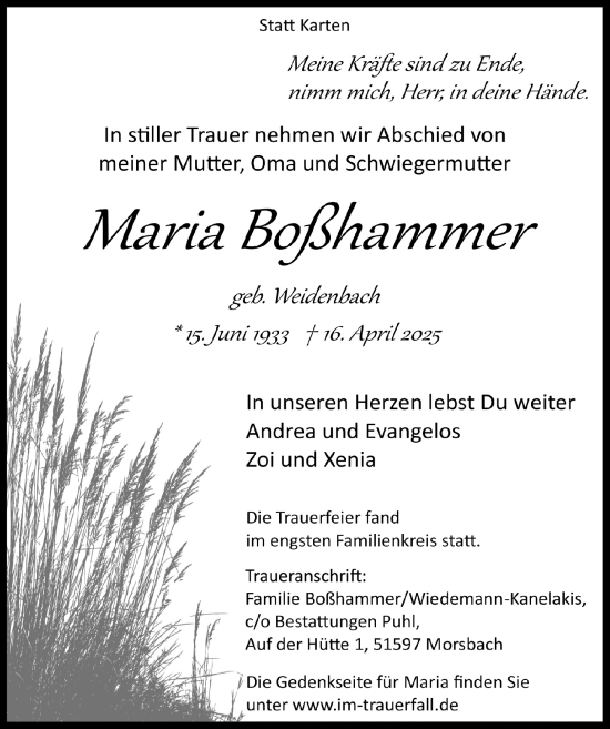 Anzeige von Maria Boßhammer von  Lokalanzeiger 