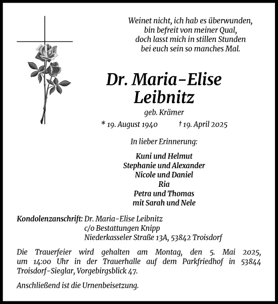 Anzeige von Maria-Elise Leibnitz von Kölner Stadt-Anzeiger / Kölnische Rundschau / Express
