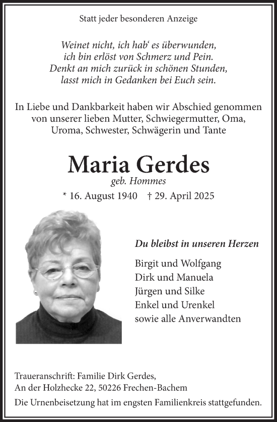Anzeige von Maria Gerdes von  Wochenende 