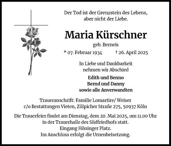 Anzeige von Maria Kürschner von Kölner Stadt-Anzeiger / Kölnische Rundschau / Express