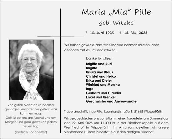 Anzeige von Maria Pille von Kölner Stadt-Anzeiger / Kölnische Rundschau / Express