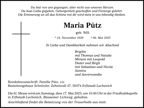 Anzeige von Maria Pütz von Kölner Stadt-Anzeiger / Kölnische Rundschau / Express