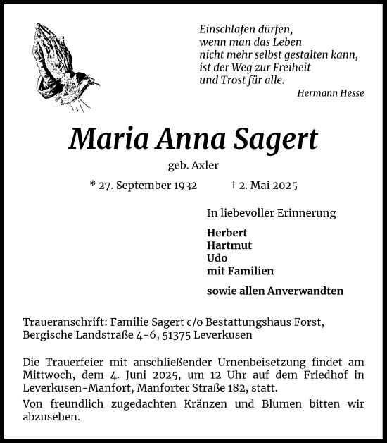 Anzeige von Maria Anna Sagert von Kölner Stadt-Anzeiger / Kölnische Rundschau / Express