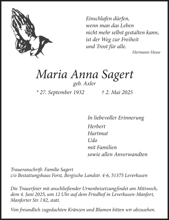 Anzeige von Maria Anna Sagert von  Lokale Informationen 