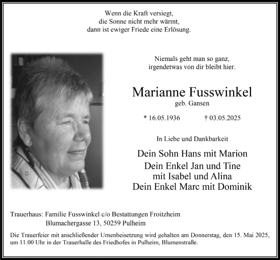 Anzeige von Marianne Fusswinkel von  Wochenende 
