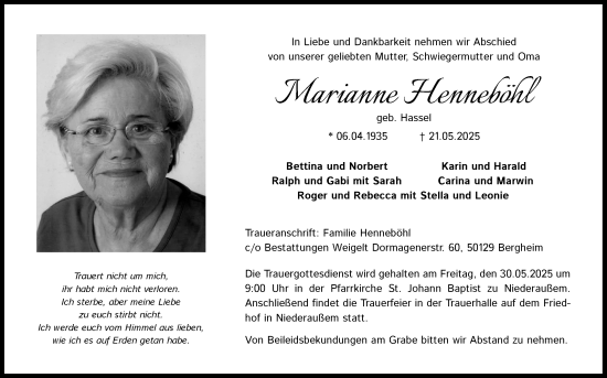 Anzeige von Marianne Henneböhl von Kölner Stadt-Anzeiger / Kölnische Rundschau / Express