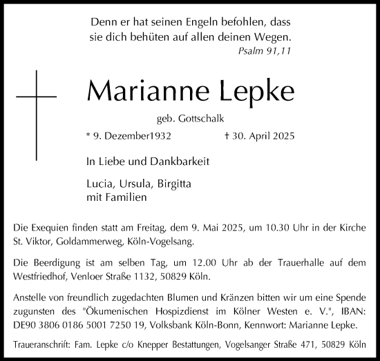 Anzeige von Marianne Lepke von Kölner Stadt-Anzeiger / Kölnische Rundschau / Express