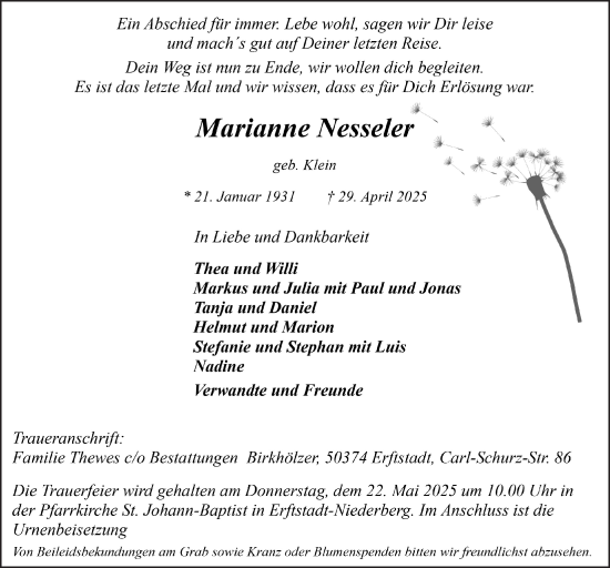 Anzeige von Marianne Nesseler von  Werbepost 