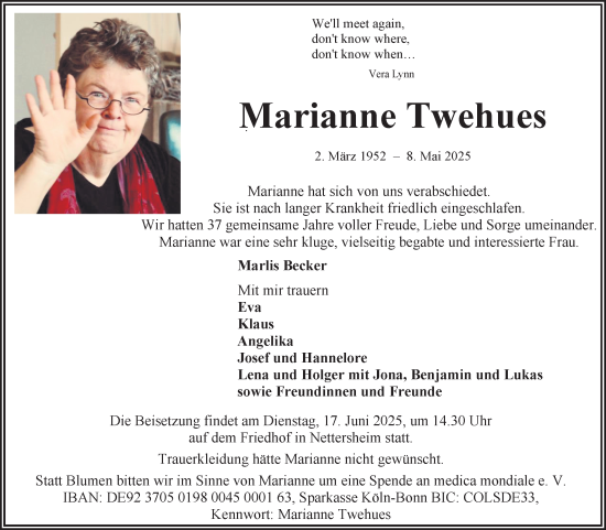 Anzeige von Marianne Twehues von Kölner Stadt-Anzeiger / Kölnische Rundschau / Express