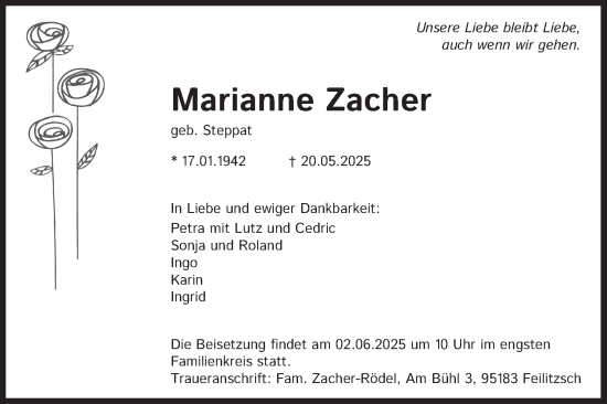 Anzeige von Marianne Zacher von Kölner Stadt-Anzeiger / Kölnische Rundschau / Express