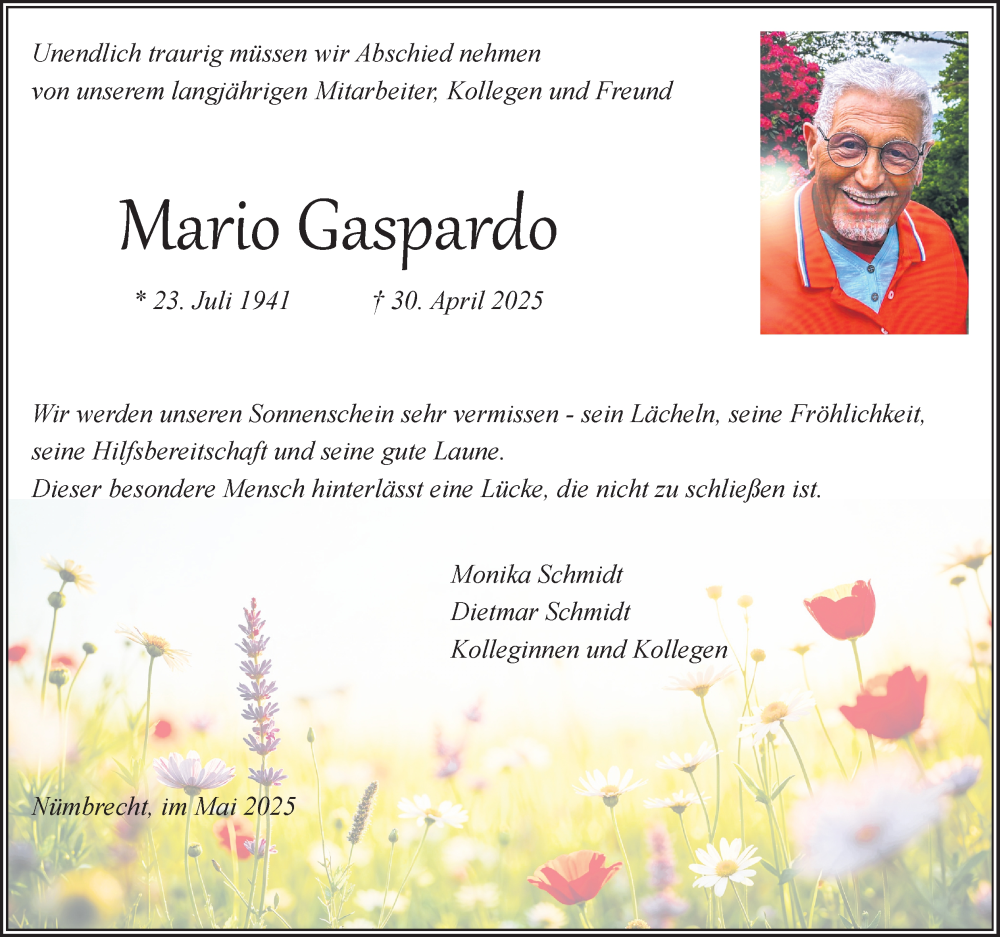  Traueranzeige für Mario Gaspardo vom 06.05.2025 aus Kölner Stadt-Anzeiger / Kölnische Rundschau / Express