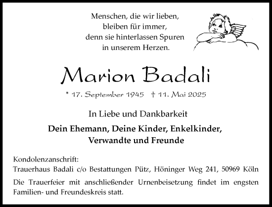 Anzeige von Marion Badali von Kölner Stadt-Anzeiger / Kölnische Rundschau / Express