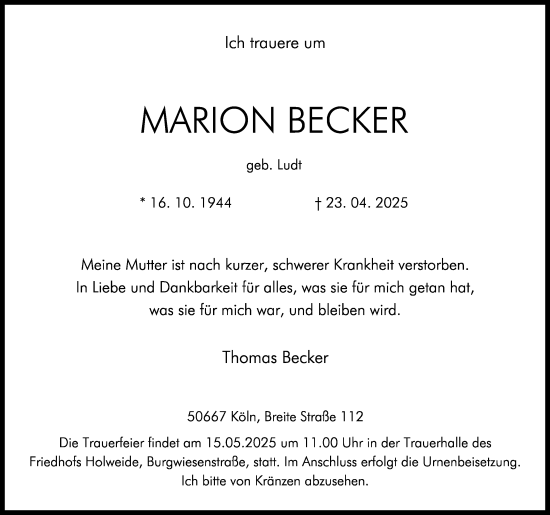 Anzeige von Marion Becker von Kölner Stadt-Anzeiger / Kölnische Rundschau / Express