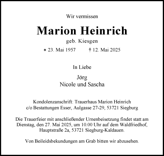 Anzeige von Marion Heinrich von Kölner Stadt-Anzeiger / Kölnische Rundschau / Express