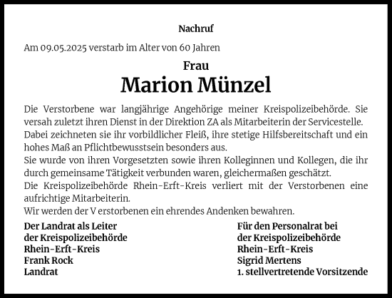 Anzeige von Marion Münzel von Kölner Stadt-Anzeiger / Kölnische Rundschau / Express