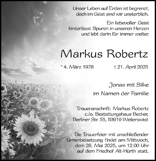 Anzeige von Markus Robertz von  Wochenende 