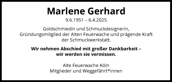 Anzeige von Marlene Gerhard von Kölner Stadt-Anzeiger / Kölnische Rundschau / Express