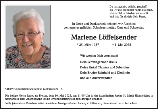 Anzeige von Marlene Löffelsender von Kölner Stadt-Anzeiger / Kölnische Rundschau / Express