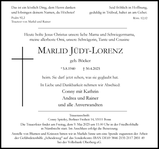 Anzeige von Marlid Jüdt-Lorenz von Kölner Stadt-Anzeiger / Kölnische Rundschau / Express