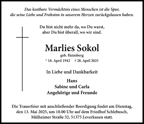 Anzeige von Marlies Sokol von Kölner Stadt-Anzeiger / Kölnische Rundschau / Express