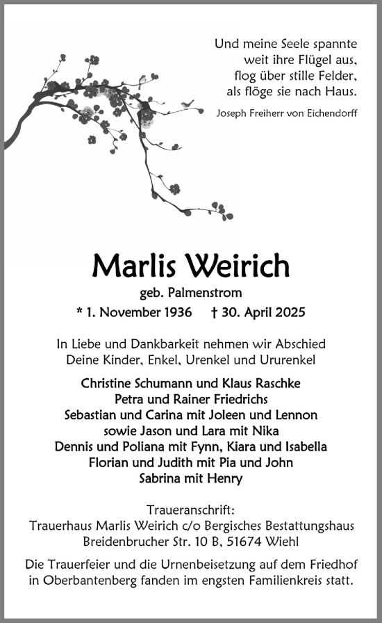 Anzeige von Marlis Weirich von  Anzeigen Echo  Lokalanzeiger 