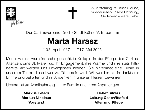 Anzeige von Marta Harasz von Kölner Stadt-Anzeiger / Kölnische Rundschau / Express