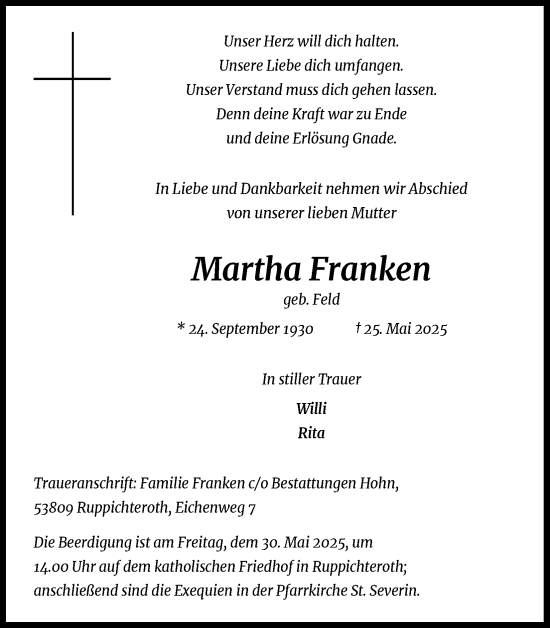 Anzeige von Martha Franken von Kölner Stadt-Anzeiger / Kölnische Rundschau / Express