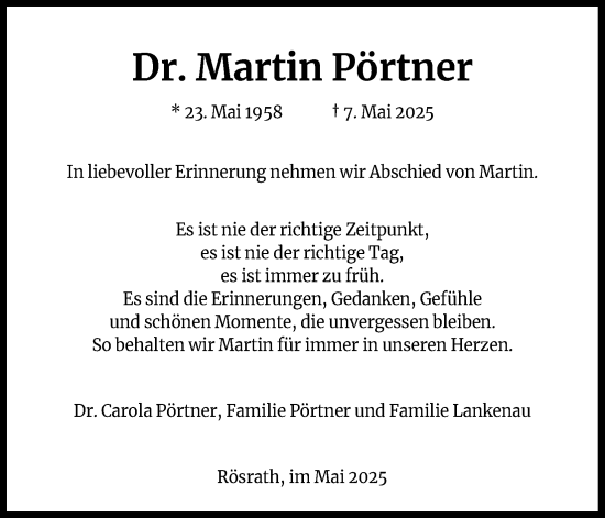 Anzeige von Martin Pörtner von Kölner Stadt-Anzeiger / Kölnische Rundschau / Express