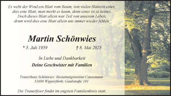 Anzeige von Martin Schönwies von Kölner Stadt-Anzeiger / Kölnische Rundschau / Express