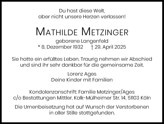 Anzeige von Mathilde Metzinger von Kölner Stadt-Anzeiger / Kölnische Rundschau / Express