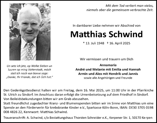 Anzeige von Matthias Schwind von  Werbepost 