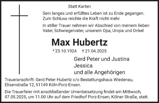 Anzeige von Max Hubertz von  EXPRESS - Die Woche 