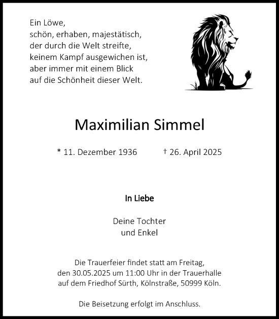 Anzeige von Maximilian Simmel von Kölner Stadt-Anzeiger / Kölnische Rundschau / Express