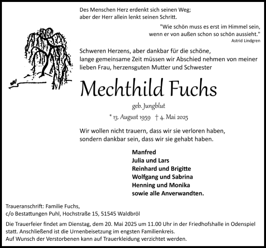 Anzeige von Mechthild Fuchs von  Lokalanzeiger 