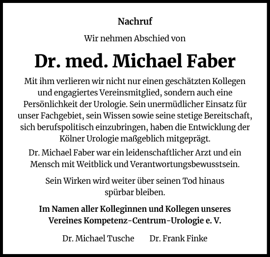 Anzeige von Michael Faber von Kölner Stadt-Anzeiger / Kölnische Rundschau / Express