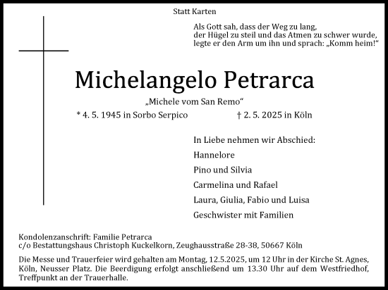 Anzeige von Michelangelo Petrarca von Kölner Stadt-Anzeiger / Kölnische Rundschau / Express