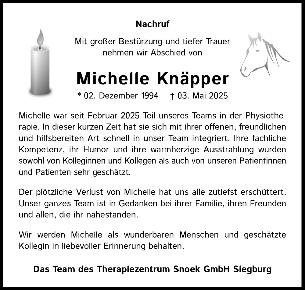  Traueranzeige für Michelle Knäpper vom 10.05.2025 aus Kölner Stadt-Anzeiger / Kölnische Rundschau / Express