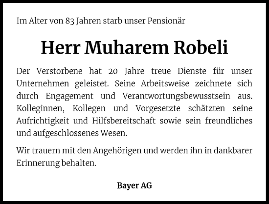 Anzeige von Muharem Robeli von Kölner Stadt-Anzeiger / Kölnische Rundschau / Express
