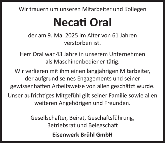 Anzeige von Necati Oral von  Schlossbote/Werbekurier 