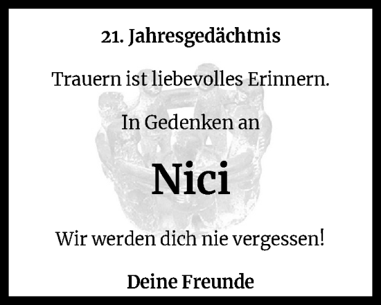 Anzeige von Nici  von Kölner Stadt-Anzeiger / Kölnische Rundschau / Express