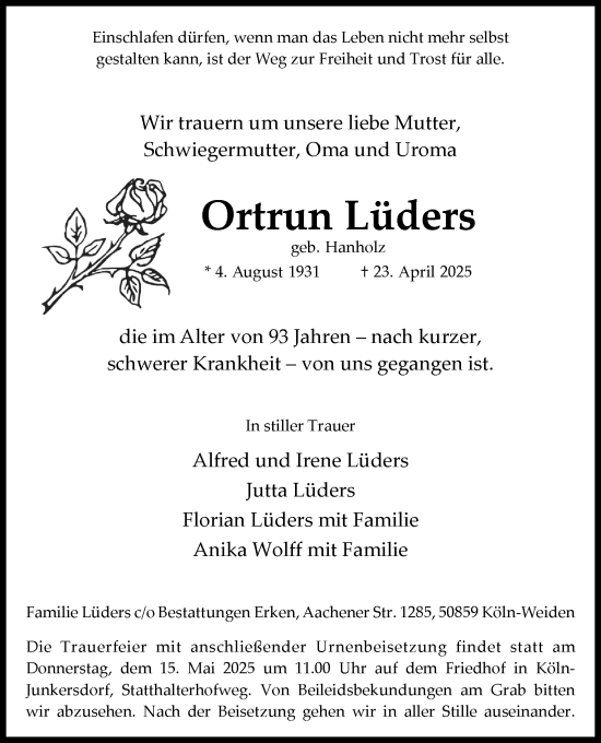 Anzeige von Ortrun Lüders von Kölner Stadt-Anzeiger / Kölnische Rundschau / Express
